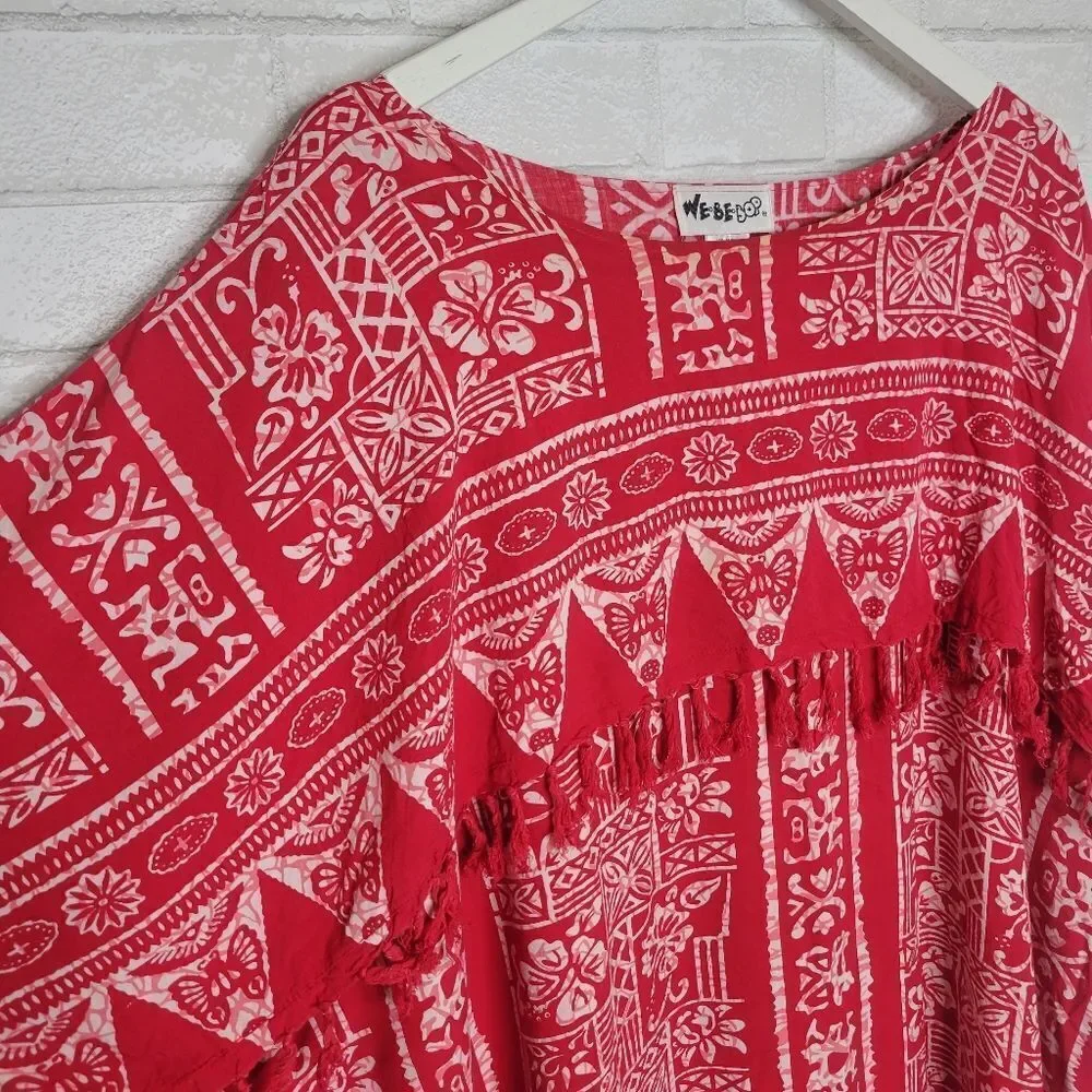 We Be Bop Vintage Red Hawaiian Tropical Print Tassel Mumu Popover Maxi Dress - Picture 4 of 5